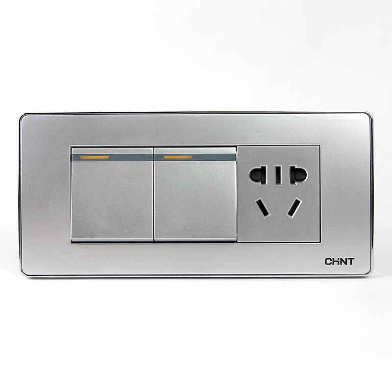 正泰开关插座118型5f太空银色三位二开双控一插/2开3孔五孔中盒