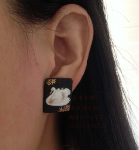 【惜缘】80年代日本精细陶瓷首饰 陶瓷天鹅耳环耳钉耳坠 黑白色