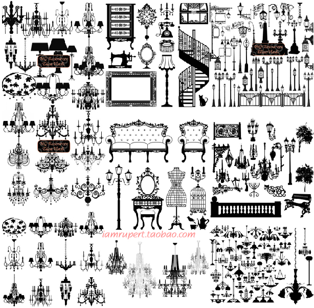 手绘线描欧式贵族水晶灯吊灯路灯铁艺楼梯吊牌相框梳妆台素材A837