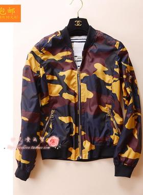 2022春秋小款女短外套棒球衫款束腰短 高腰版咖色迷彩立小个子版