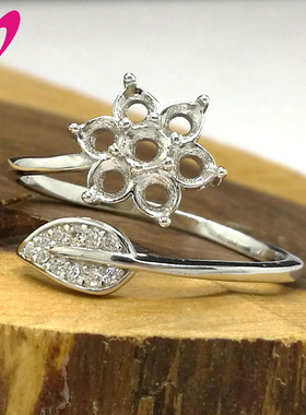 925银戒指空托3*3mm五叶花戒指托搭配翡翠松石圆形彩宝石七夕礼物