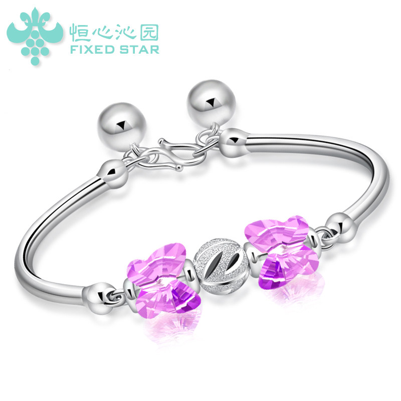 紫水晶纯银手镯女转运珠银手链蝴蝶日韩版99足银饰品彩色生日礼物