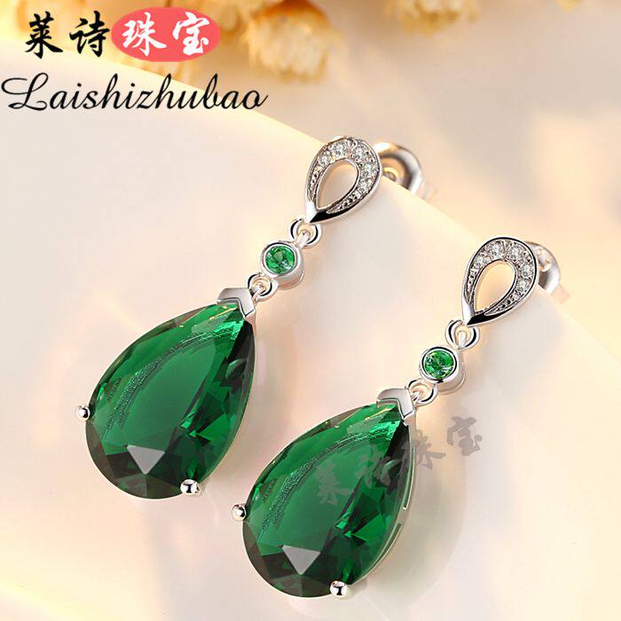 祖母绿耳钉日韩女原创设计彩宝耳环纯银镀18k金气质彩色宝石耳饰