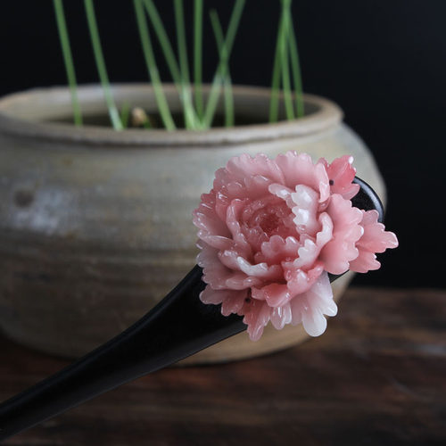 原创黑檀木牡丹花现代盘发发簪