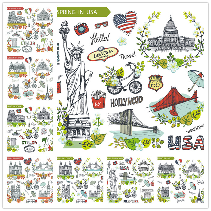 [271]手绘巴黎伦敦意大利纽约建筑地标线稿插画 AI矢量设计素材