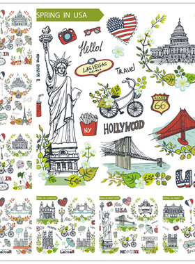 [271]手绘巴黎伦敦意大利纽约建筑地标线稿插画 AI矢量设计素材