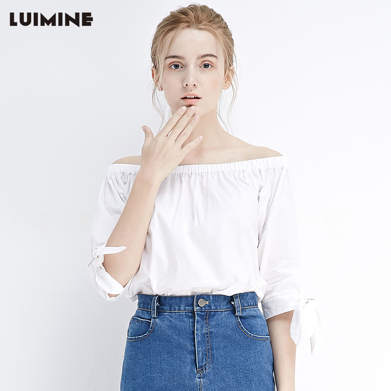 LUIMINE夏季新款韩版女装衬衣一字领露肩白色衬衫女宽松上衣在类目 女装/女士精品, 衬衫中 - 来自Buy2taobao.com提供专业的淘宝代购服务