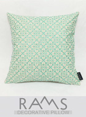 简约现代样板房沙发床靠垫抱枕 新古典全棉湖绿刺绣花瓣菱格靠包