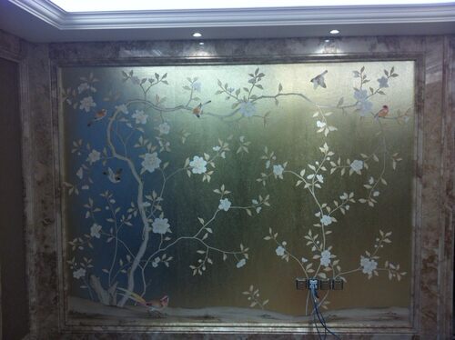金箔新款作旧手绘墙纸背景墙香槟箔手工花鸟电视背景墙纸