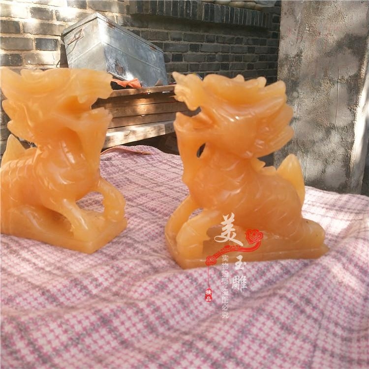 包邮天然黄色玉石麒麟办公装饰