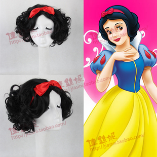 迪士尼白雪公主造型人物动漫 cosplay假发 黑色蝴蝶结发箍短卷发