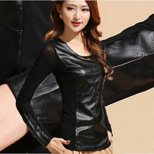 PU皮拼接网纱打底衫 2024春秋新款 长袖 女T恤修身 女加绒上衣潮 大码