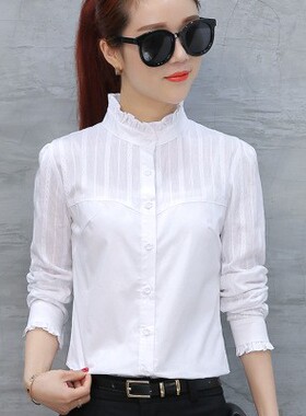 春秋女士长袖白色立领衬衫衣女土加绒纯棉保暖夹棉村杉寸衫衬衣褂