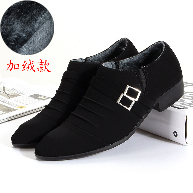 新款男士韩版潮流尖头皮鞋保暖加绒英伦新款磨砂皮一脚蹬发型师鞋