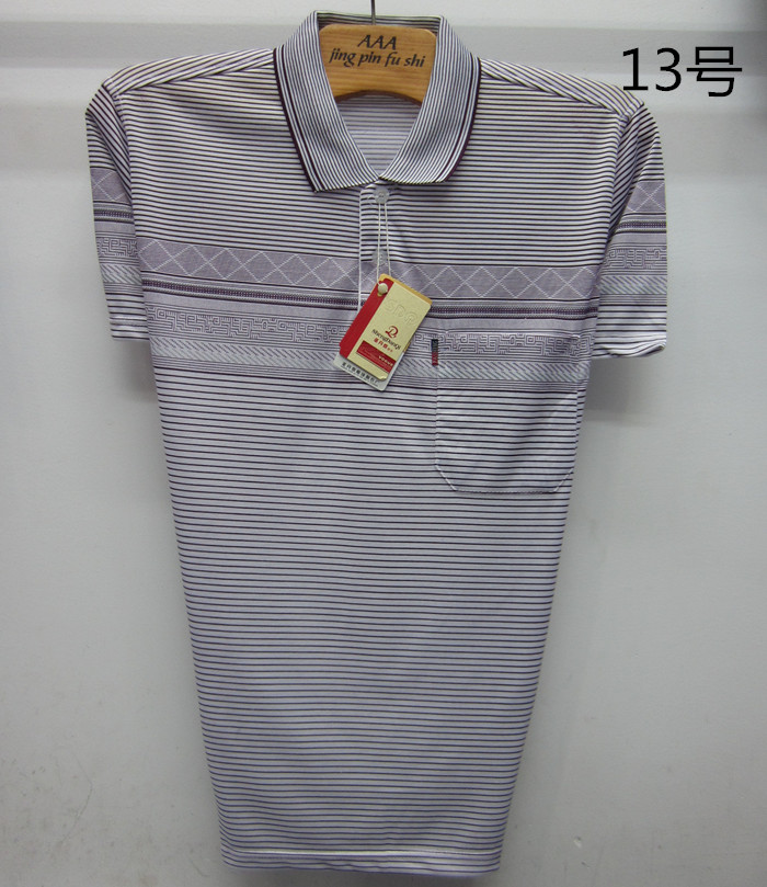 夏季中老年男装短袖涤棉t恤  休闲爸爸装条纹t恤衫宽松翻领上衣