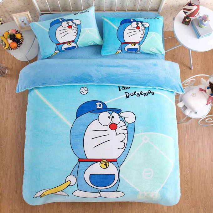 秋冬法莱绒毛毯毛绒卡通床品床上用品四件套 机器猫眺望