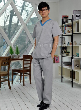 韩版牙科V领医护口腔洗手衣套装男医生纯棉短袖分体工作大褂灰色
