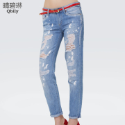 Linda 2015 spring green and sunny new Womenswear hole Joker feet washing pants stylish pants straight leg jeans