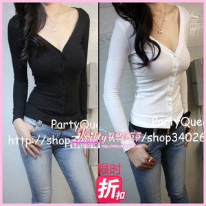 皇冠信誉春秋纯色螺纹开衫性感低V领打底衫紧身长袖女上衣1108