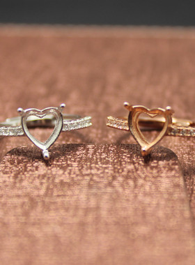 爱心形状镶钻戒托925银戒指空托