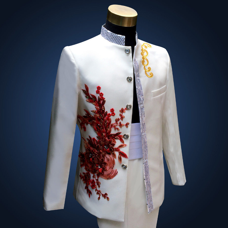 男士相声曲艺立领中山服绣花套装白色中山装歌手二胡演出服合唱服