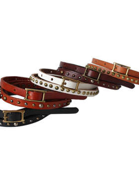 牛皮细腰带女士真皮皮带韩版时尚百搭别致铆钉复古棕色装饰带