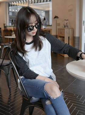 k474好品质韩国竹节棉简约宽松插肩袖拼色七分袖夏女t恤