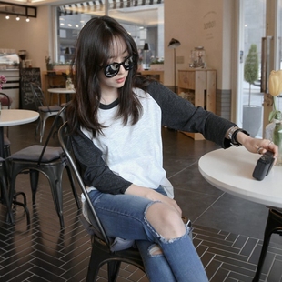 k474好品质韩国竹节棉简约宽松插肩袖 夏女t恤 拼色七分袖