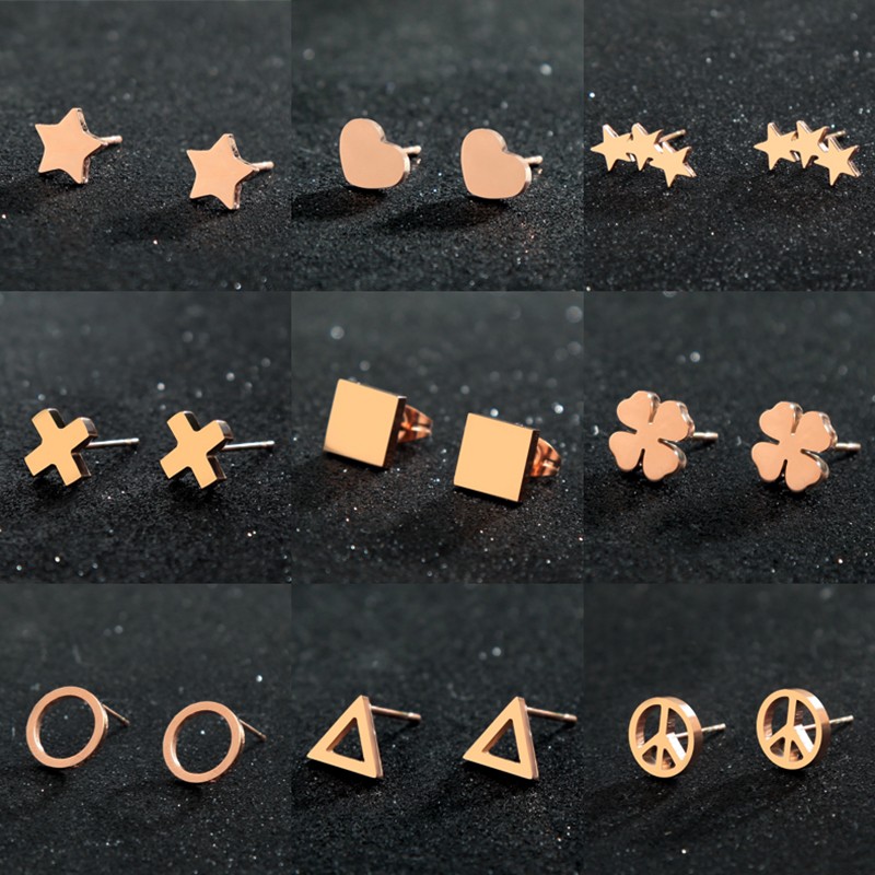 日韩版钛钢镀18k玫瑰金彩金流行时尚饰品女星星耳环耳钉四叶草