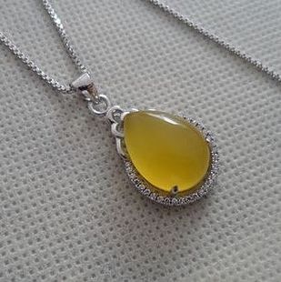 镀白金精品白晶黄玛瑙水滴好运吊坠3 曼谷手工银 泰银 925纯银