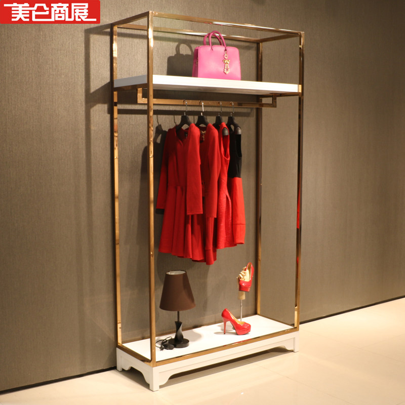 不锈钢服装店展示架玫瑰金货架衣架式高柜男女装双层落地架拉丝