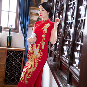 长款红色喜婆婆婚宴刺绣旗袍裙2023新改良版中国风显瘦宴会敬酒服