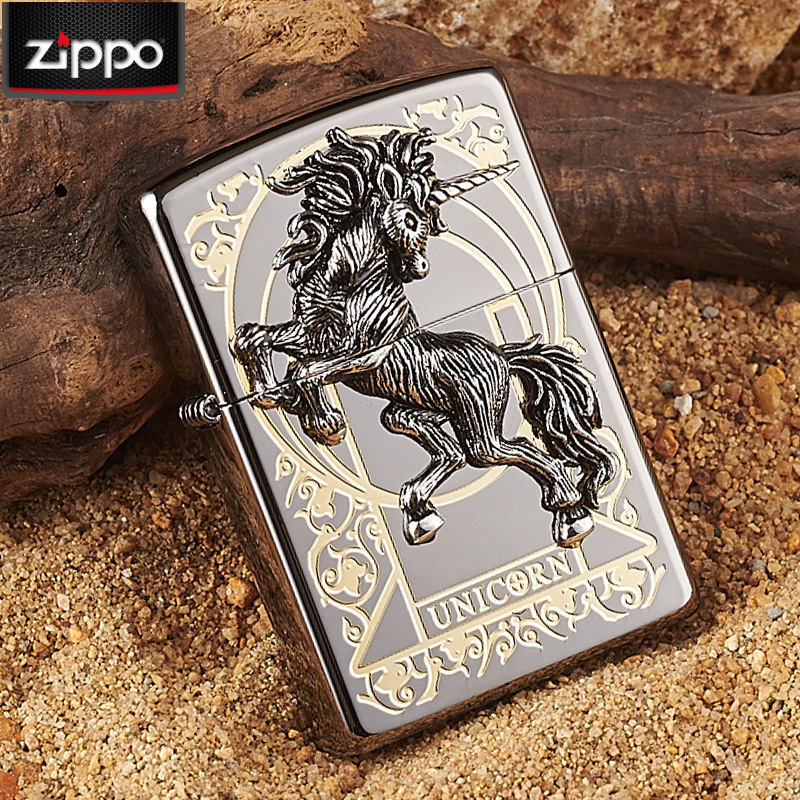 美國原裝ZIPPO打火機正版雙面雕刻黑冰獨角獸正品zipoo防風打火機