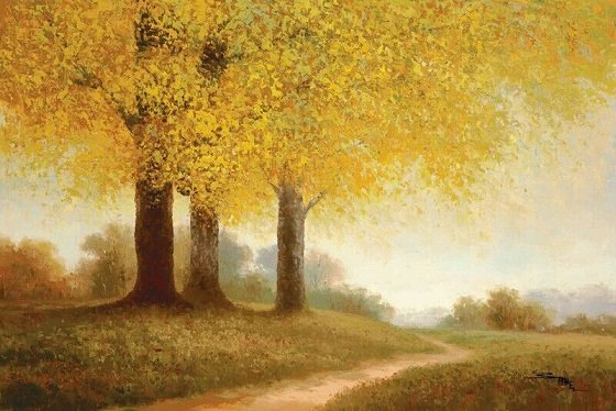 暖色调风景油画秋天景色乡村田野挂画客厅装饰画