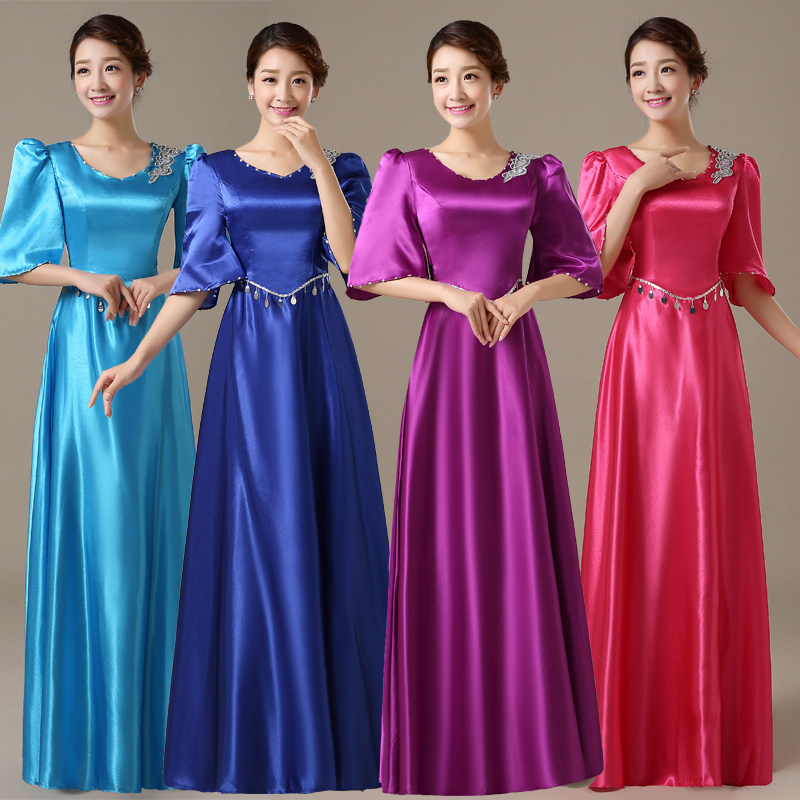 新款秋冬合唱指挥服装女丝绒合唱服长裙中老年大合唱演出服礼服