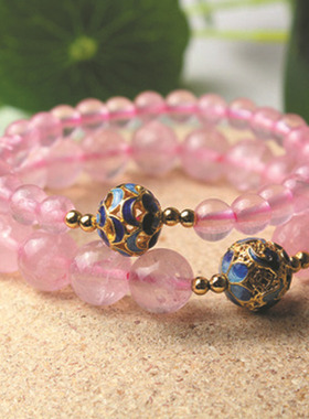 原创天然粉水晶镀金烤蓝单圈手链