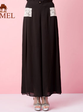 【非卖品】camel 骆驼女装2015夏裤子蕾丝拼接雪纺长裤阔腿裤