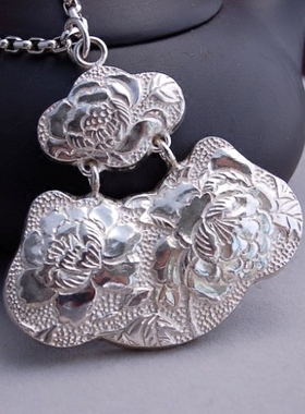 S925纯银复古民族汉风手工雪花素银牡丹花开富贵女士毛衣吊挂坠