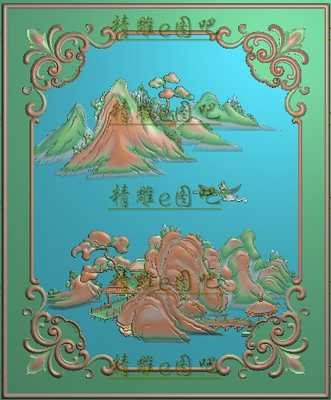 高清精雕图浮雕图jdp灰度图bmp精品山水背板298x360新款洋花边框