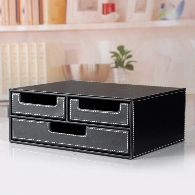 创意皮革桌面收纳盒 办公文件抽屉柜 A4资料整理盒 文具收纳 包邮