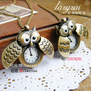 批价复古怀旧女表可爱展翅猫头鹰复古怀表项链表学生表毛衣链长款