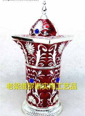 Z2特价俄罗斯银彩锡金属牙签筒罐城堡顶罗马柱形花纹银边红色厚重