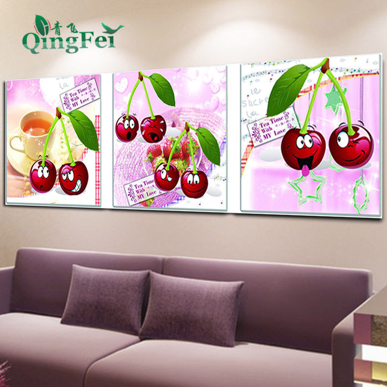 青飞5d精准印布淘气的樱桃十字绣樱桃三联画十字绣卧室厨房