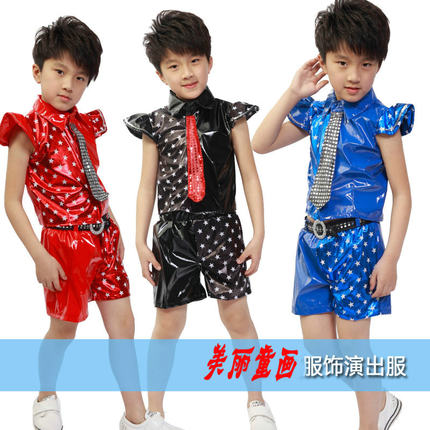 儿童表演服男童爵士舞小男孩现代舞街舞舞台表演服装亮皮衣舞蹈服