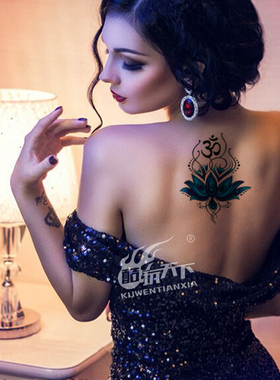 酷玩天下纹身贴 巨幅神圣蓝莲花图腾 瑜伽OM符号 防水女纹身贴纸
