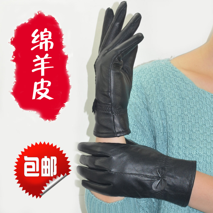 真皮手套女士綿羊皮皮手套加絨加厚保暖毛里騎車保暖女手套蝴蝶結