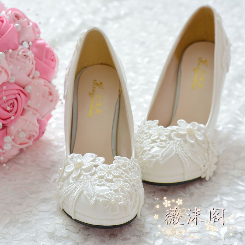 手工婚鞋白色高跟珍珠蕾丝绣花婚鞋结婚鞋伴娘鞋礼服鞋新娘鞋单鞋
