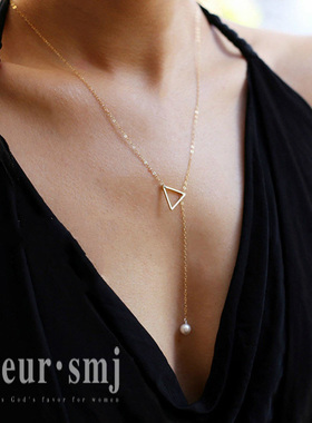 faveur欧美优雅三角天然珍珠14K包金纯银套索项链 可调节长短礼物