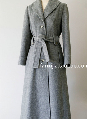 浅灰色呢子本布腰带复古长大衣外套贵夫人端庄大气