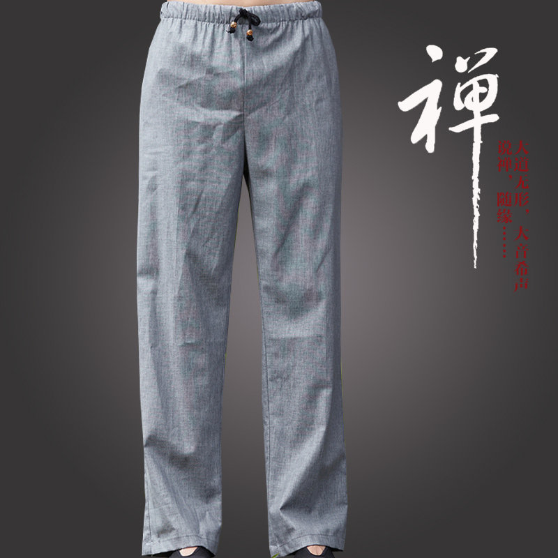SUMMER LINEN PANTS CHINESE STYLE MENS CASUAL RETRO LOOSE PLUS FAT LARGE SIZE STRAIGHT COTTON AND LINEN TROUSERS ELASTIC PANTS